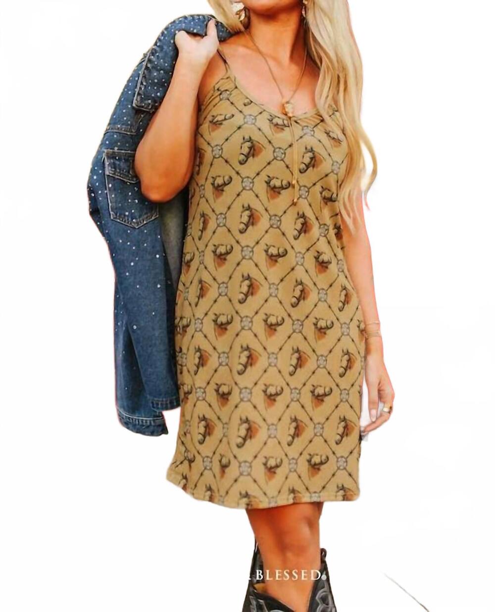 NEW LUCKY & BLESSED western horse print spaghetti strap tank dress in tan